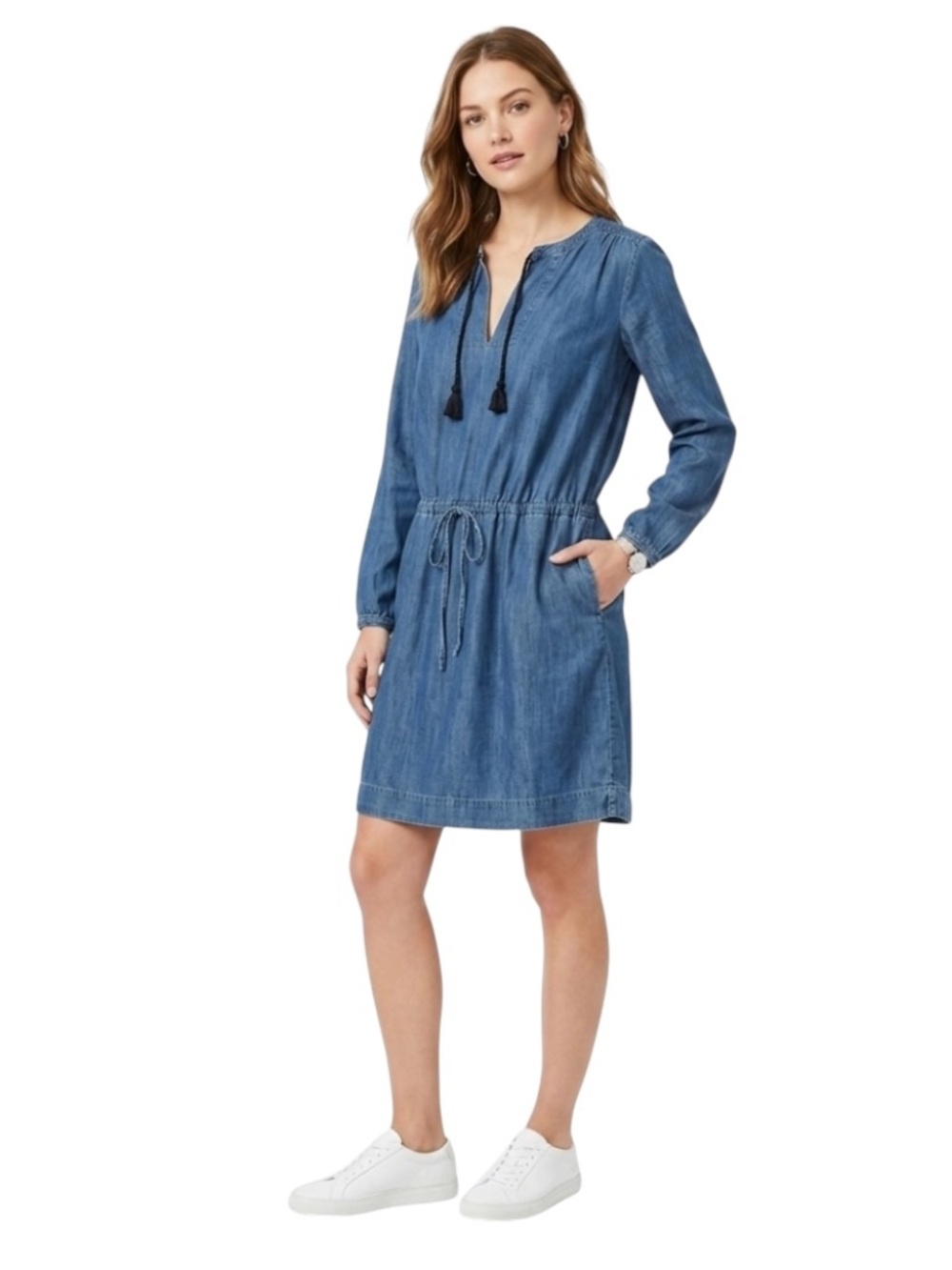 Gap 1969 Chambray Tassel Tie Dress Sz M Tall Blue Boho Cowgirl Chic Minimalist